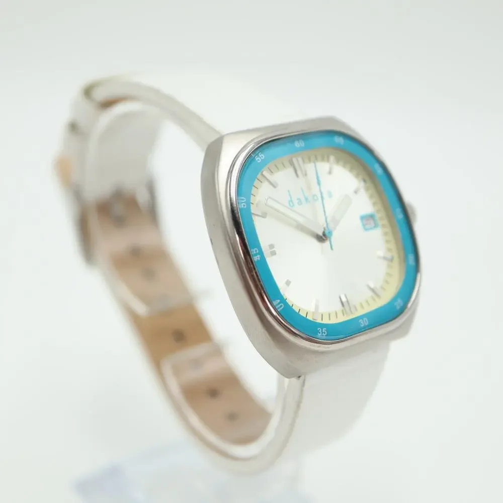 Dakota Unisex Silver Blue 35mm TV Date Dial Watch White Leather w New Battery